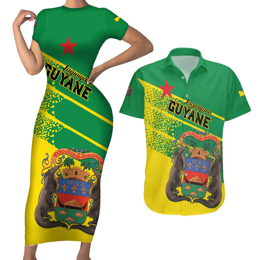 Personalized French Guiana Couples Matching Short Sleeve Bodycon Dress and Hawaiian Shirt Lagwiyann In My Heart - Wonder Print Shop