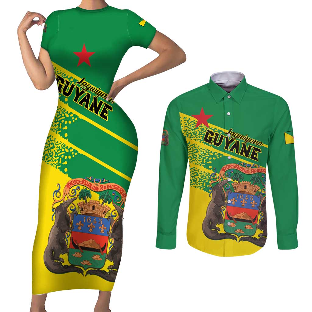 Personalized French Guiana Couples Matching Short Sleeve Bodycon Dress and Long Sleeve Button Shirt Lagwiyann In My Heart - Wonder Print Shop