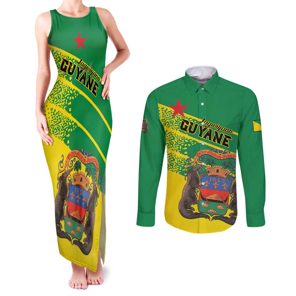 Personalized French Guiana Couples Matching Tank Maxi Dress and Long Sleeve Button Shirt Lagwiyann In My Heart - Wonder Print Shop