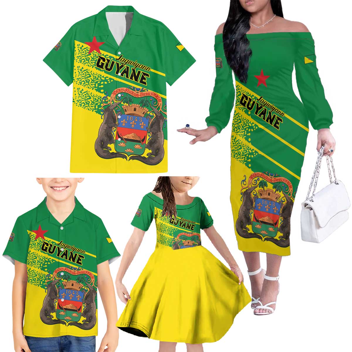 Personalized French Guiana Family Matching Off The Shoulder Long Sleeve Dress and Hawaiian Shirt Lagwiyann In My Heart - Wonder Print Shop