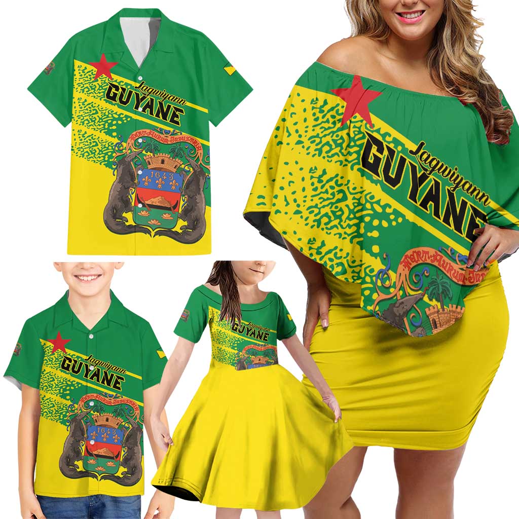 Personalized French Guiana Family Matching Off Shoulder Short Dress and Hawaiian Shirt Lagwiyann In My Heart - Wonder Print Shop