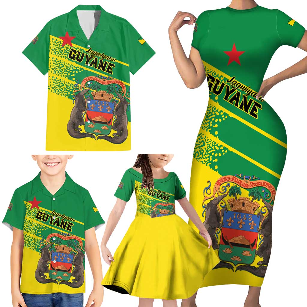 Personalized French Guiana Family Matching Short Sleeve Bodycon Dress and Hawaiian Shirt Lagwiyann In My Heart - Wonder Print Shop