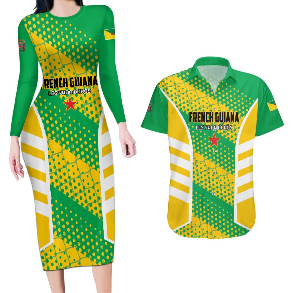 Custom French Guiana Football Couples Matching Long Sleeve Bodycon Dress and Hawaiian Shirt Go Les Yana Dokos - Wonder Print Shop
