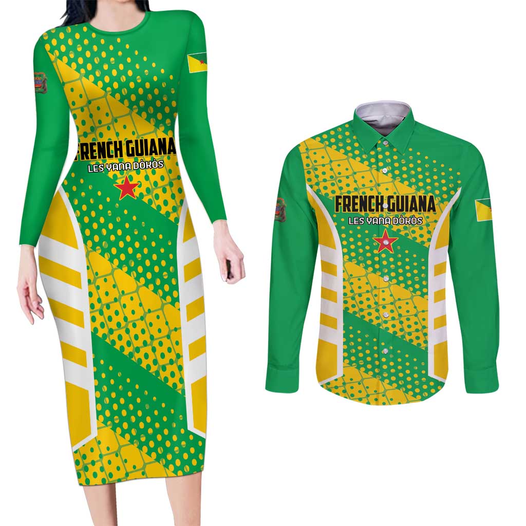 Custom French Guiana Football Couples Matching Long Sleeve Bodycon Dress and Long Sleeve Button Shirt Go Les Yana Dokos - Wonder Print Shop