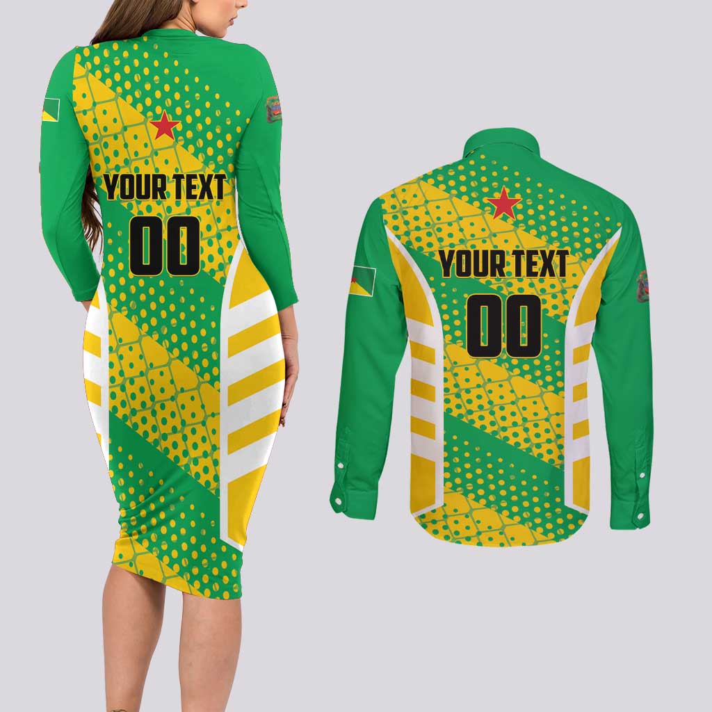 Custom French Guiana Football Couples Matching Long Sleeve Bodycon Dress and Long Sleeve Button Shirt Go Les Yana Dokos - Wonder Print Shop