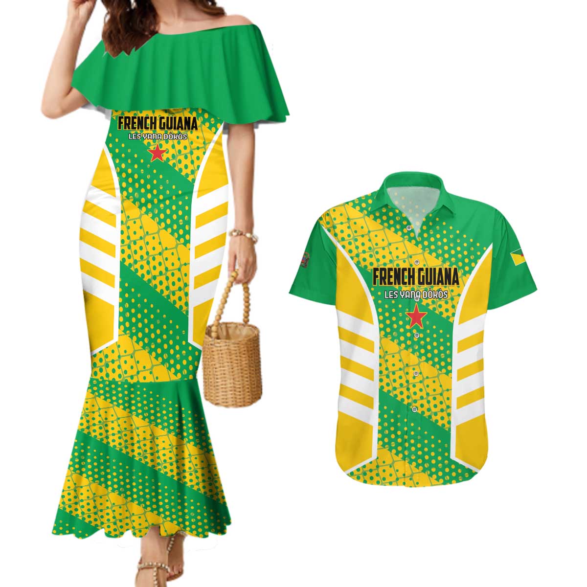 Custom French Guiana Football Couples Matching Mermaid Dress and Hawaiian Shirt Go Les Yana Dokos - Wonder Print Shop