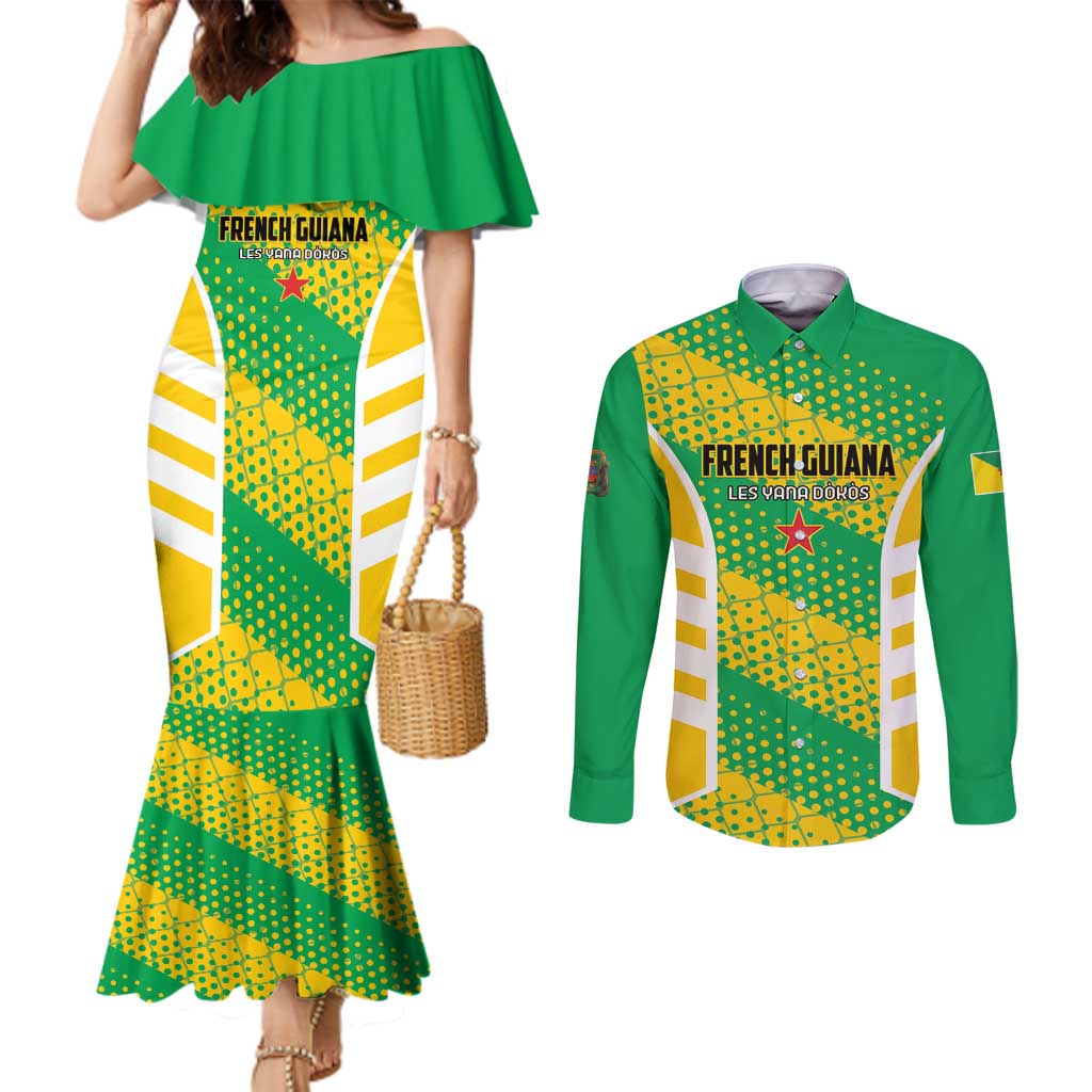 Custom French Guiana Football Couples Matching Mermaid Dress and Long Sleeve Button Shirt Go Les Yana Dokos - Wonder Print Shop