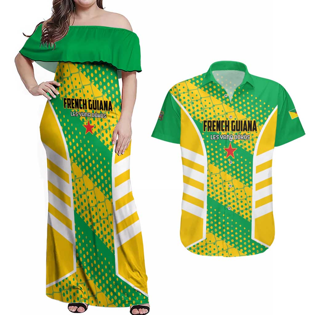 Custom French Guiana Football Couples Matching Off Shoulder Maxi Dress and Hawaiian Shirt Go Les Yana Dokos - Wonder Print Shop
