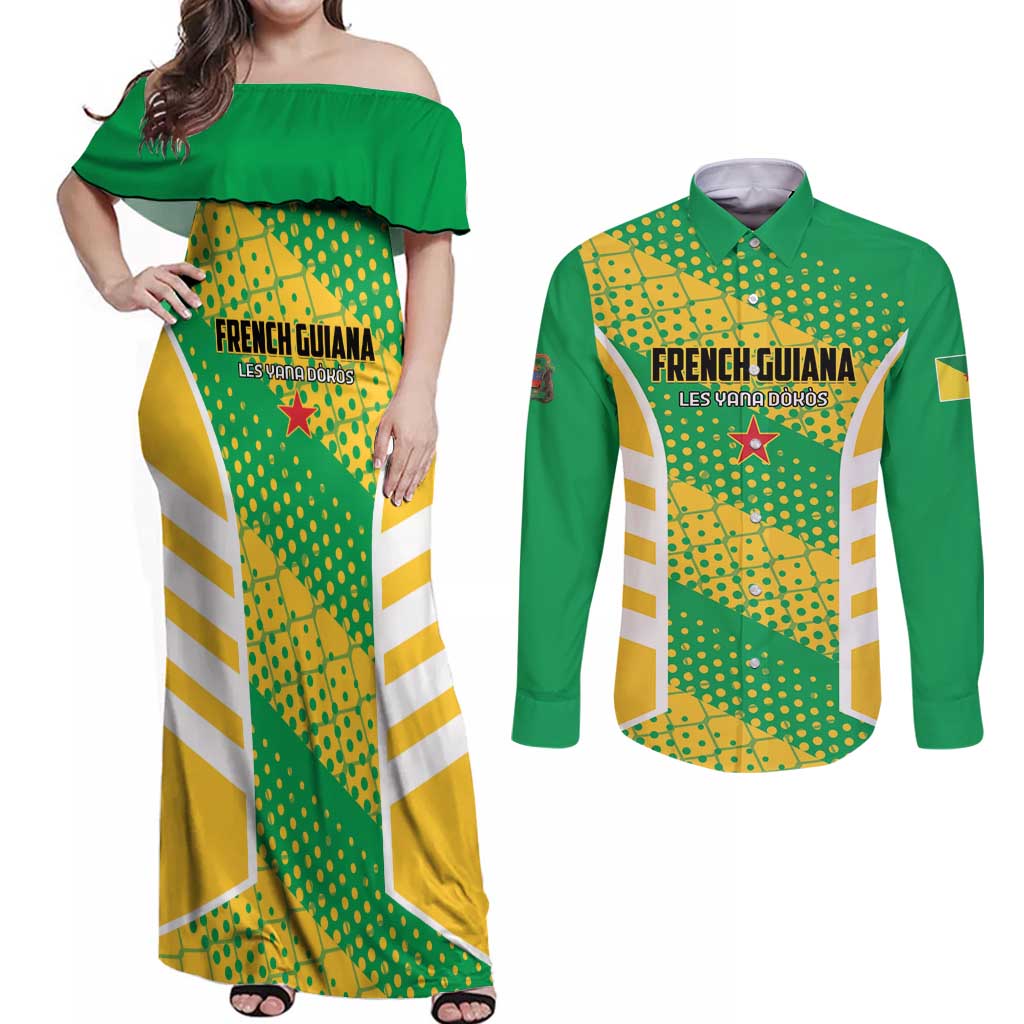 Custom French Guiana Football Couples Matching Off Shoulder Maxi Dress and Long Sleeve Button Shirt Go Les Yana Dokos - Wonder Print Shop