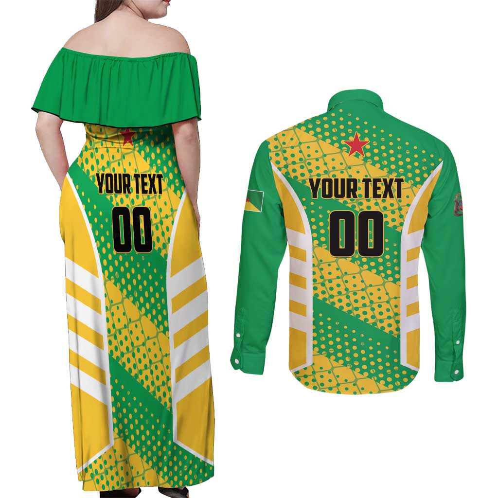 Custom French Guiana Football Couples Matching Off Shoulder Maxi Dress and Long Sleeve Button Shirt Go Les Yana Dokos - Wonder Print Shop
