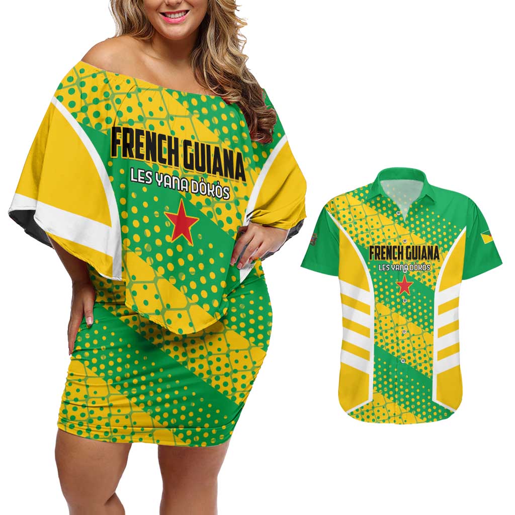 Custom French Guiana Football Couples Matching Off Shoulder Short Dress and Hawaiian Shirt Go Les Yana Dokos - Wonder Print Shop