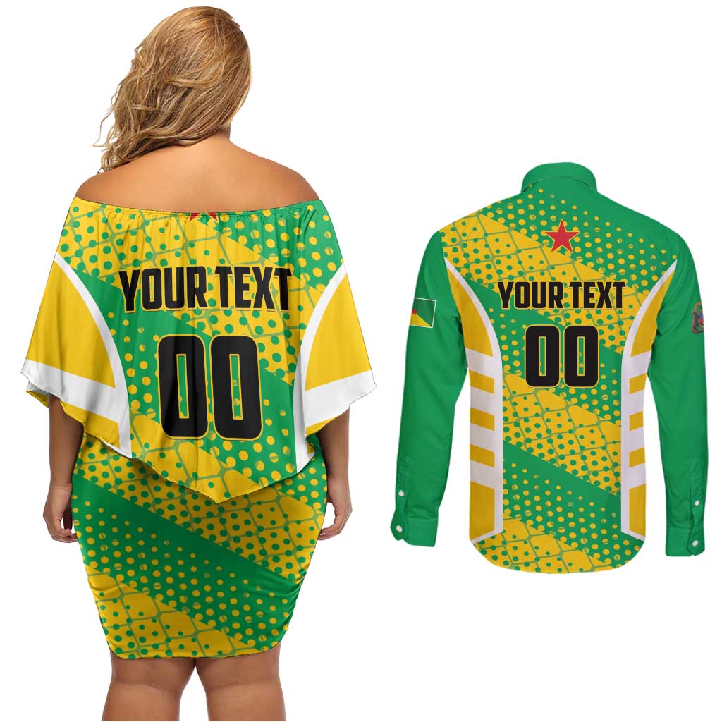 Custom French Guiana Football Couples Matching Off Shoulder Short Dress and Long Sleeve Button Shirt Go Les Yana Dokos - Wonder Print Shop