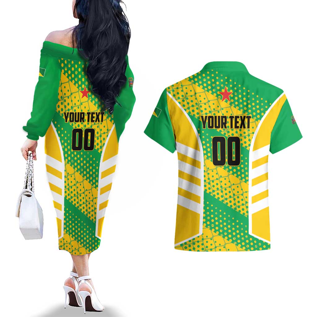 Custom French Guiana Football Couples Matching Off The Shoulder Long Sleeve Dress and Hawaiian Shirt Go Les Yana Dokos - Wonder Print Shop
