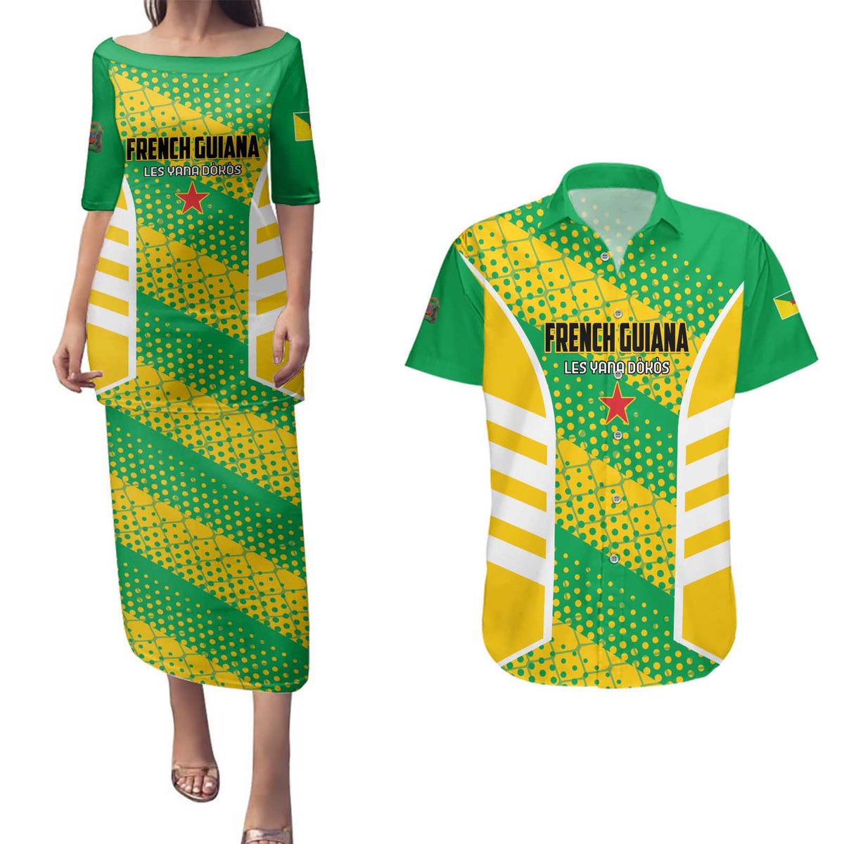 Custom French Guiana Football Couples Matching Puletasi and Hawaiian Shirt Go Les Yana Dokos - Wonder Print Shop