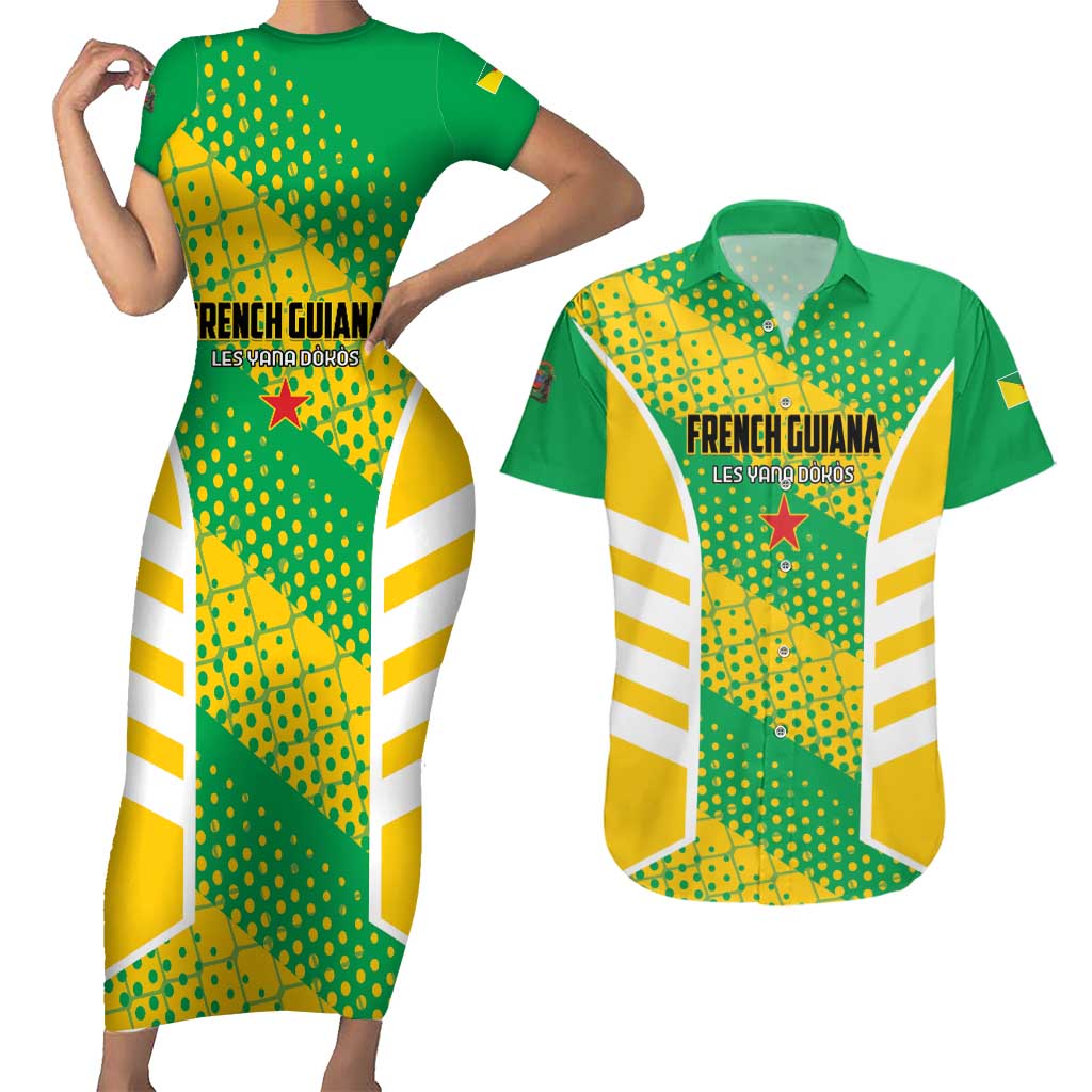 Custom French Guiana Football Couples Matching Short Sleeve Bodycon Dress and Hawaiian Shirt Go Les Yana Dokos - Wonder Print Shop