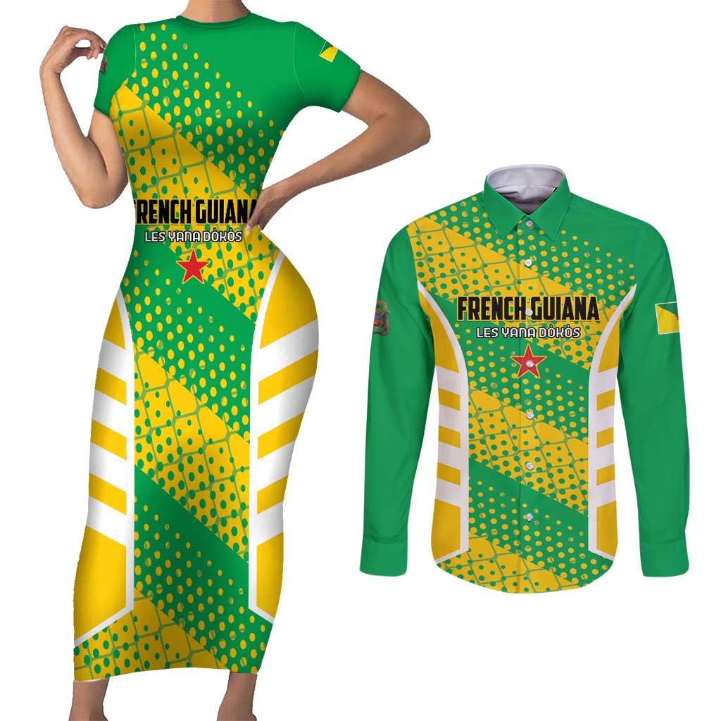Custom French Guiana Football Couples Matching Short Sleeve Bodycon Dress and Long Sleeve Button Shirt Go Les Yana Dokos - Wonder Print Shop