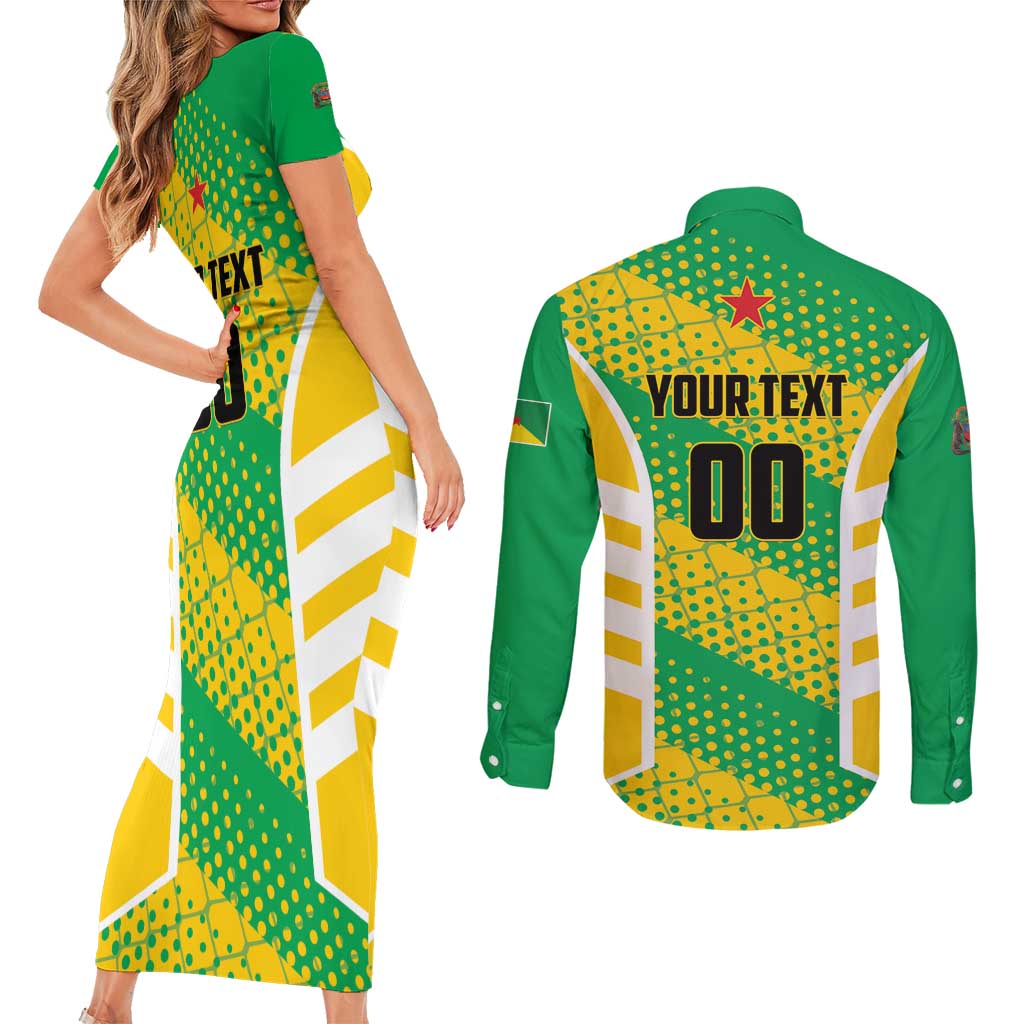 Custom French Guiana Football Couples Matching Short Sleeve Bodycon Dress and Long Sleeve Button Shirt Go Les Yana Dokos - Wonder Print Shop