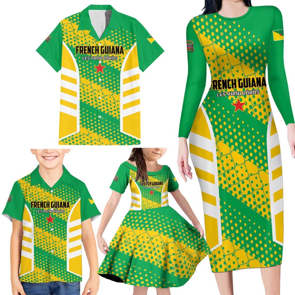 Custom French Guiana Football Family Matching Long Sleeve Bodycon Dress and Hawaiian Shirt Go Les Yana Dokos - Wonder Print Shop