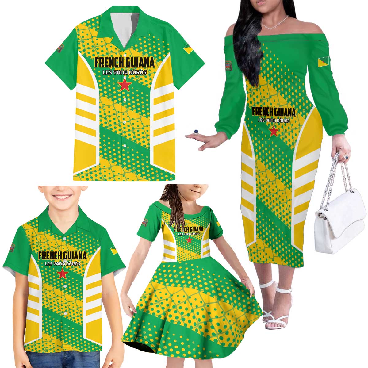 Custom French Guiana Football Family Matching Off The Shoulder Long Sleeve Dress and Hawaiian Shirt Go Les Yana Dokos - Wonder Print Shop