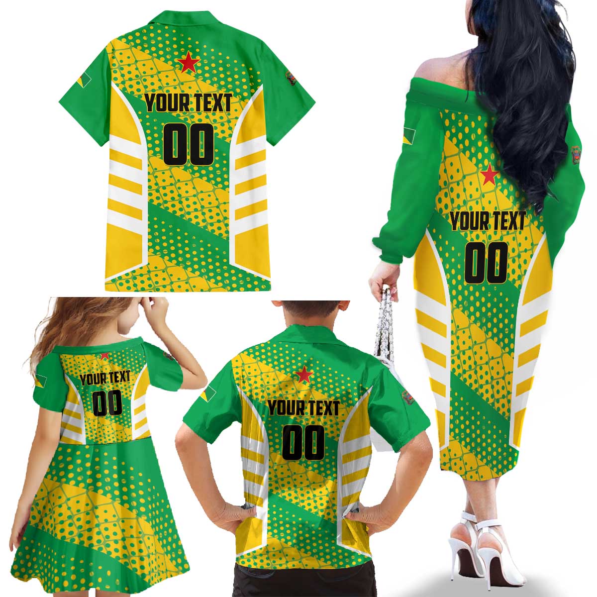 Custom French Guiana Football Family Matching Off The Shoulder Long Sleeve Dress and Hawaiian Shirt Go Les Yana Dokos - Wonder Print Shop