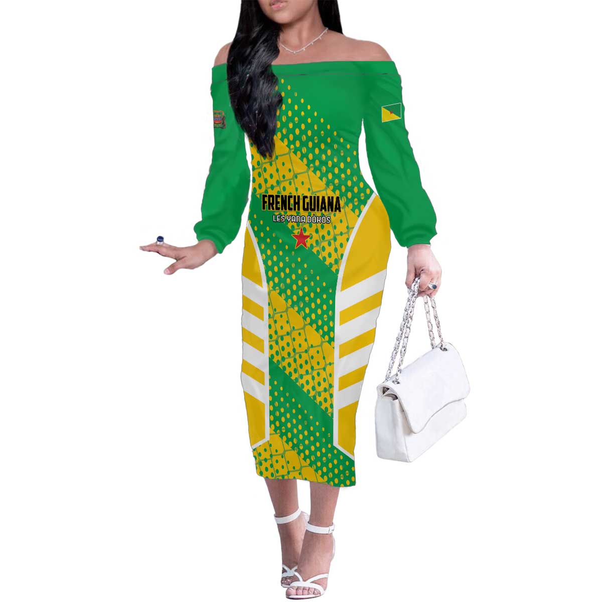 Custom French Guiana Football Family Matching Off The Shoulder Long Sleeve Dress and Hawaiian Shirt Go Les Yana Dokos - Wonder Print Shop