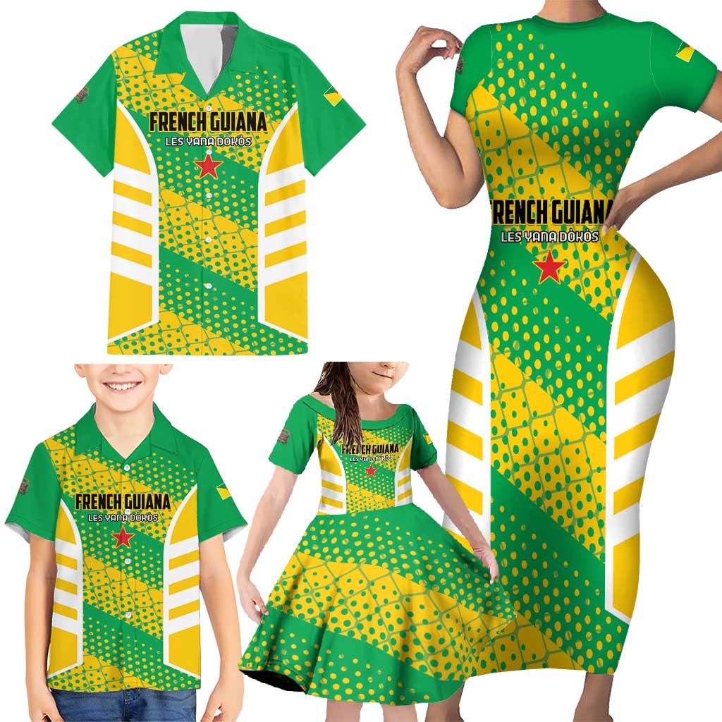 Custom French Guiana Football Family Matching Short Sleeve Bodycon Dress and Hawaiian Shirt Go Les Yana Dokos - Wonder Print Shop