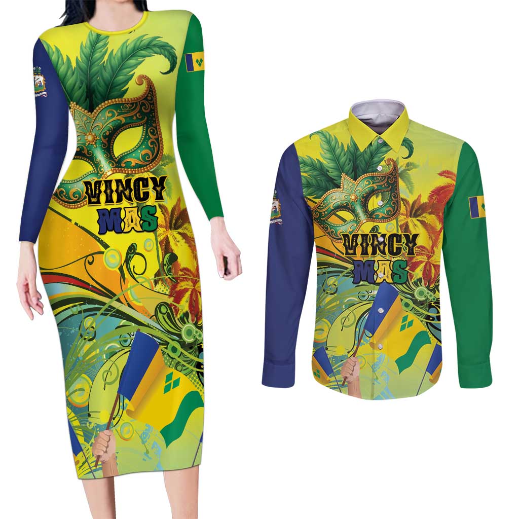 Personalized Vincy Mas Couples Matching Long Sleeve Bodycon Dress and Long Sleeve Button Shirt The Caribbean Hottest Carnival - Wonder Print Shop