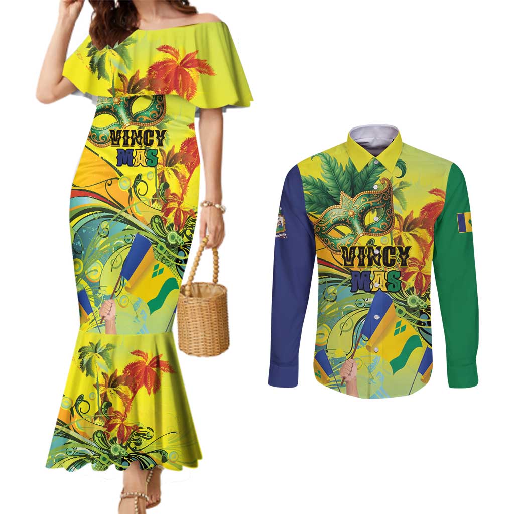 Personalized Vincy Mas Couples Matching Mermaid Dress and Long Sleeve Button Shirt The Caribbean Hottest Carnival - Wonder Print Shop