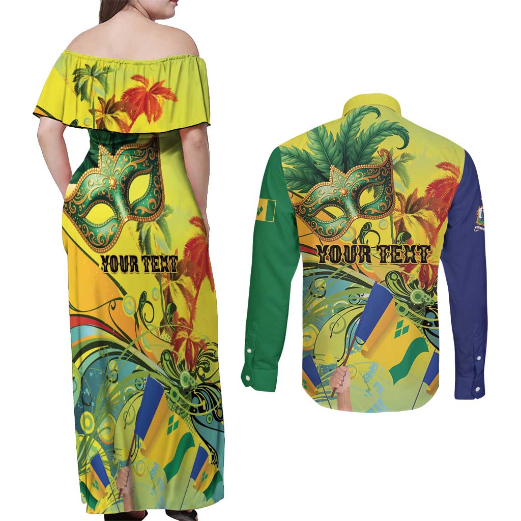 Personalized Vincy Mas Couples Matching Off Shoulder Maxi Dress and Long Sleeve Button Shirt The Caribbean Hottest Carnival - Wonder Print Shop