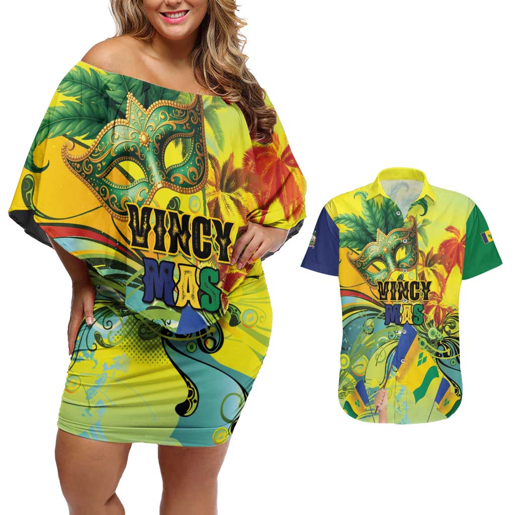 Personalized Vincy Mas Couples Matching Off Shoulder Short Dress and Hawaiian Shirt The Caribbean Hottest Carnival - Wonder Print Shop