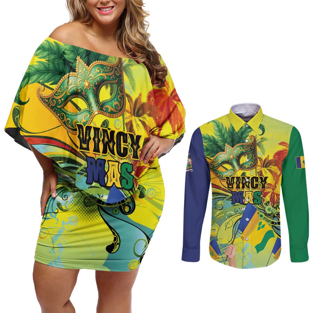 Personalized Vincy Mas Couples Matching Off Shoulder Short Dress and Long Sleeve Button Shirt The Caribbean Hottest Carnival - Wonder Print Shop