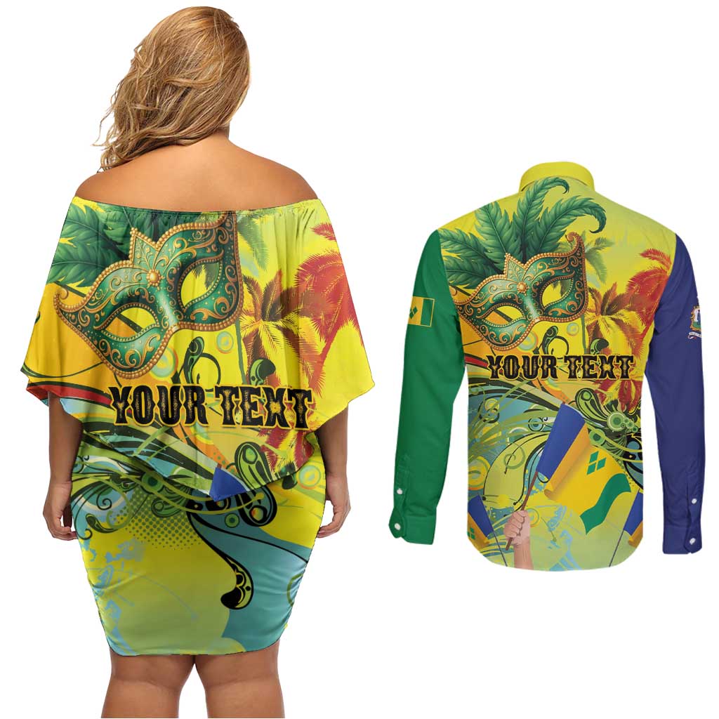 Personalized Vincy Mas Couples Matching Off Shoulder Short Dress and Long Sleeve Button Shirt The Caribbean Hottest Carnival - Wonder Print Shop