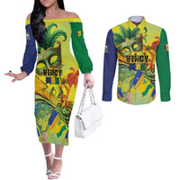 Personalized Vincy Mas Couples Matching Off The Shoulder Long Sleeve Dress and Long Sleeve Button Shirt The Caribbean Hottest Carnival - Wonder Print Shop