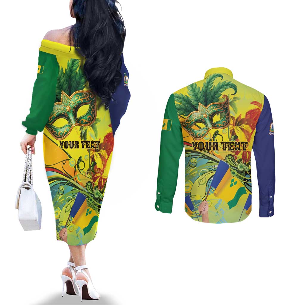 Personalized Vincy Mas Couples Matching Off The Shoulder Long Sleeve Dress and Long Sleeve Button Shirt The Caribbean Hottest Carnival - Wonder Print Shop