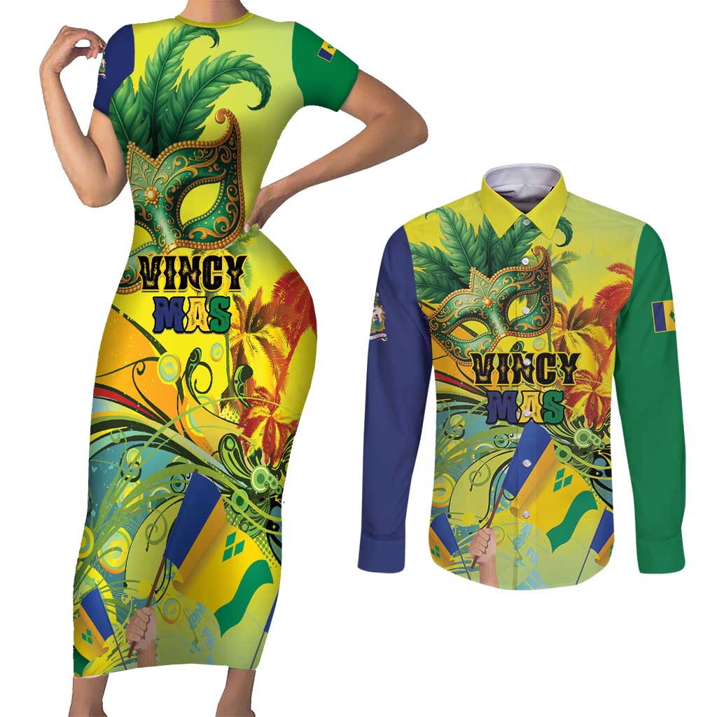 Personalized Vincy Mas Couples Matching Short Sleeve Bodycon Dress and Long Sleeve Button Shirt The Caribbean Hottest Carnival - Wonder Print Shop