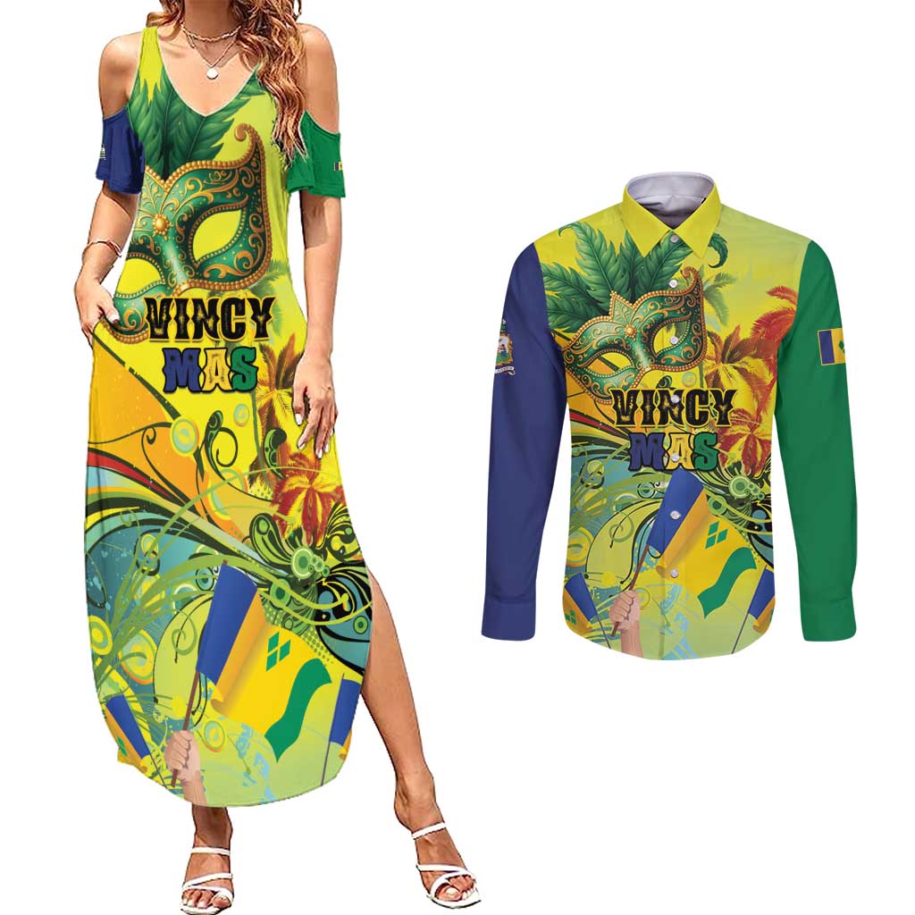 Personalized Vincy Mas Couples Matching Summer Maxi Dress and Long Sleeve Button Shirt The Caribbean Hottest Carnival - Wonder Print Shop