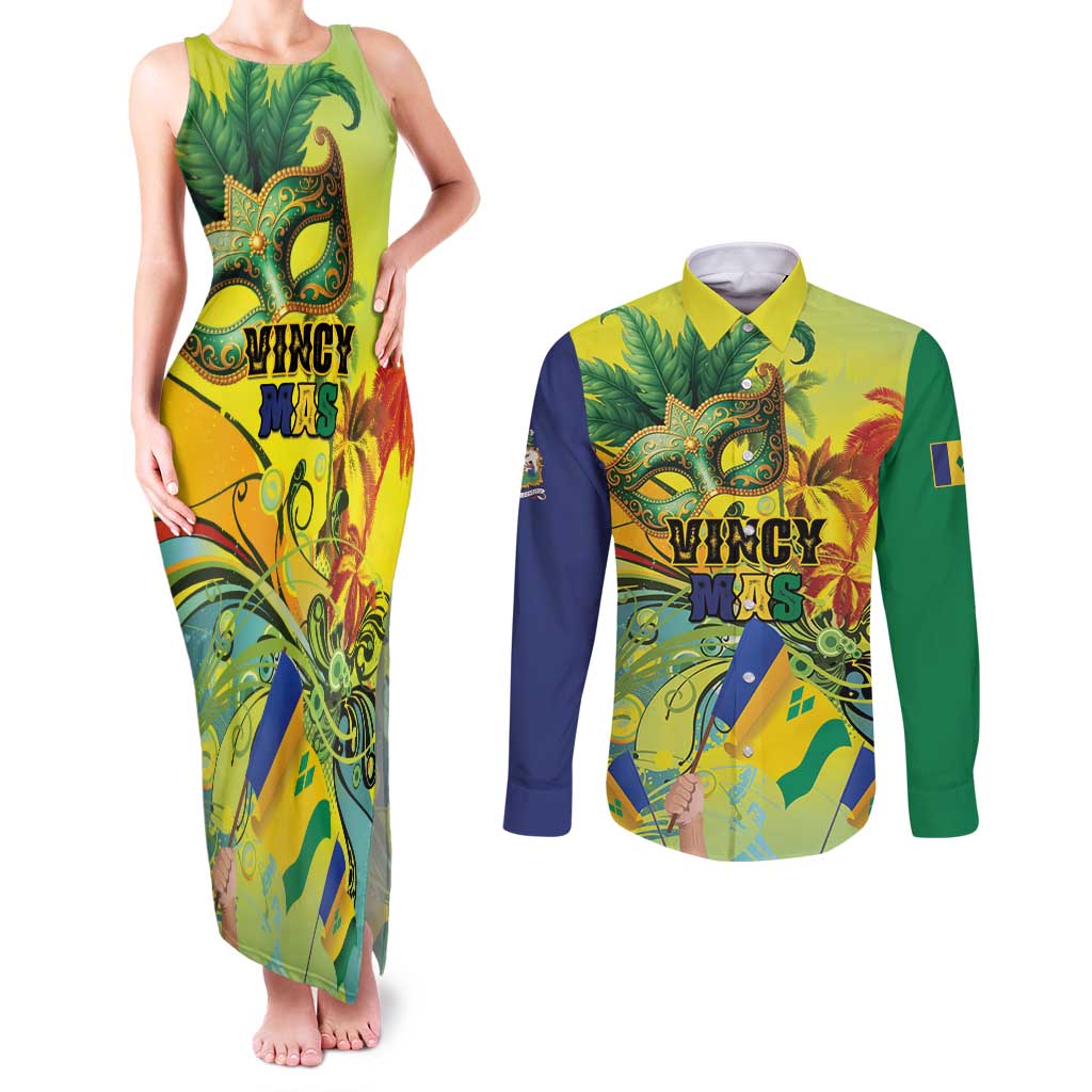 Personalized Vincy Mas Couples Matching Tank Maxi Dress and Long Sleeve Button Shirt The Caribbean Hottest Carnival - Wonder Print Shop