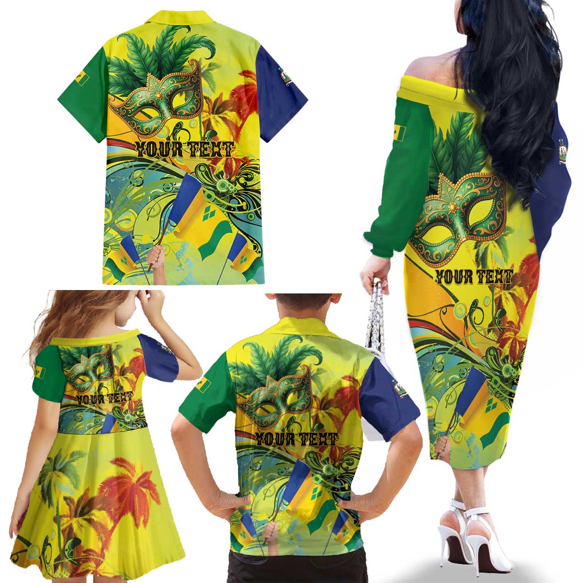 Personalized Vincy Mas Family Matching Off The Shoulder Long Sleeve Dress and Hawaiian Shirt The Caribbean Hottest Carnival - Wonder Print Shop