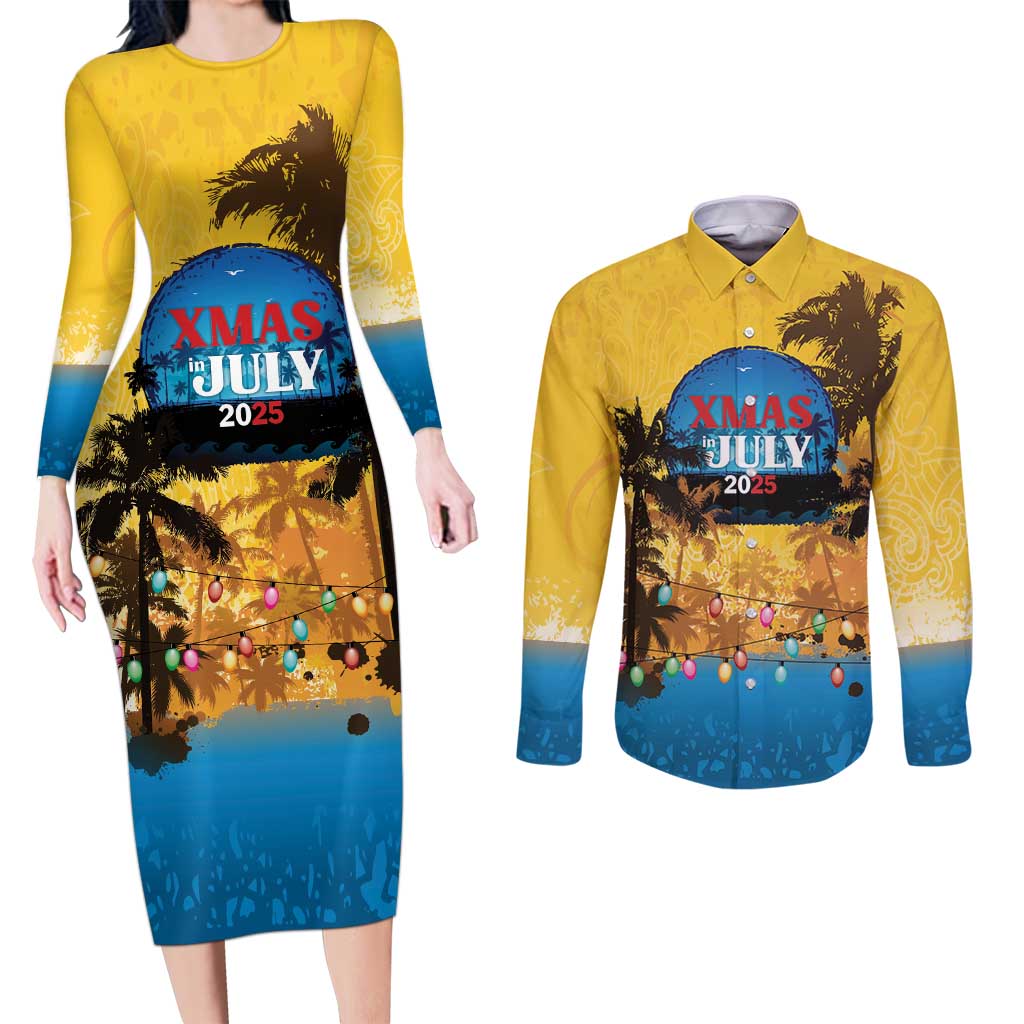 Personalized Xmas in July 2025 Couples Matching Long Sleeve Bodycon Dress and Long Sleeve Button Shirt Caribbean Summer Christmas - Wonder Print Shop