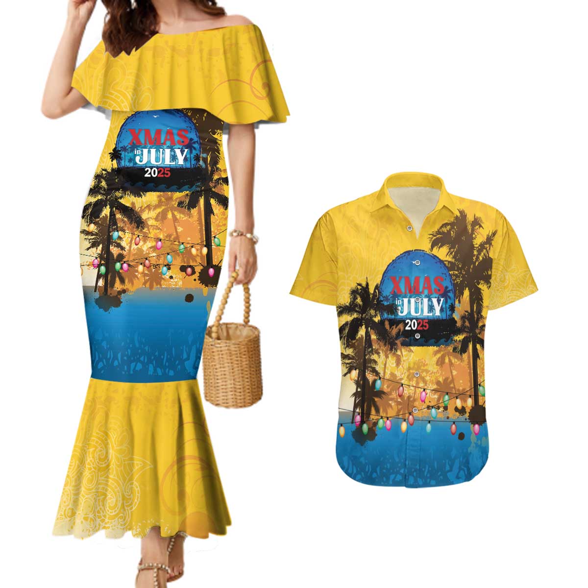 Personalized Xmas in July 2025 Couples Matching Mermaid Dress and Hawaiian Shirt Caribbean Summer Christmas - Wonder Print Shop