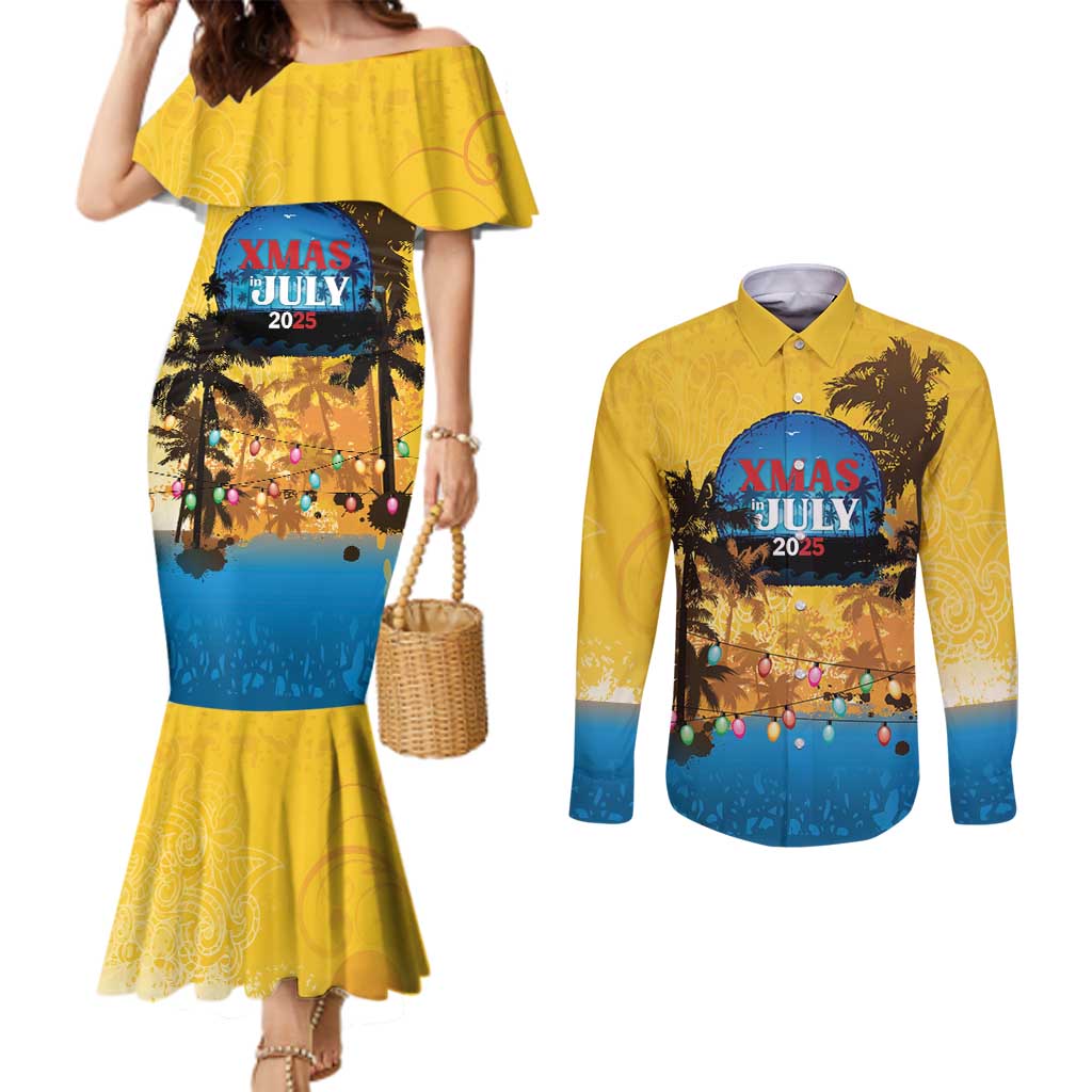 Personalized Xmas in July 2025 Couples Matching Mermaid Dress and Long Sleeve Button Shirt Caribbean Summer Christmas - Wonder Print Shop