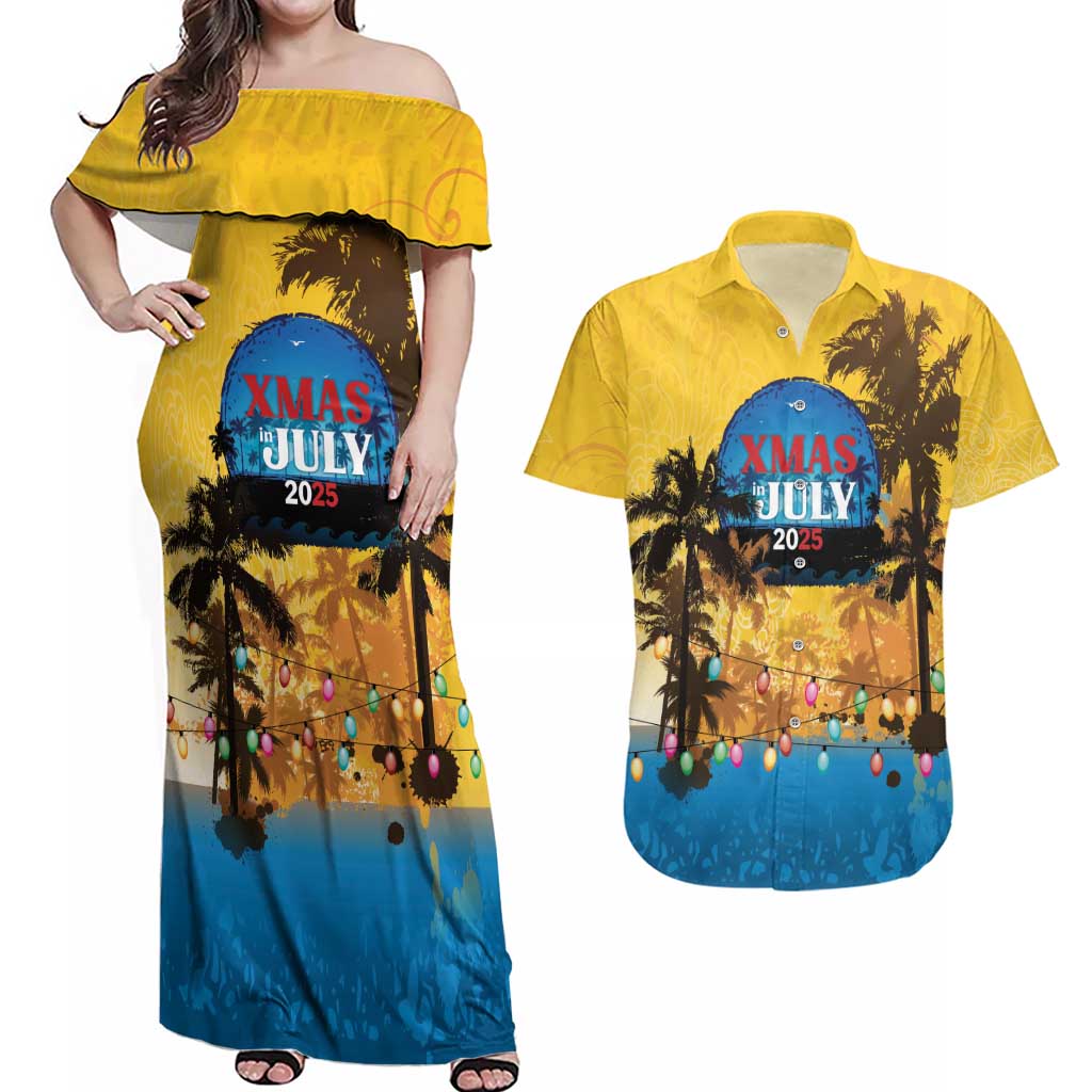 Personalized Xmas in July 2025 Couples Matching Off Shoulder Maxi Dress and Hawaiian Shirt Caribbean Summer Christmas - Wonder Print Shop