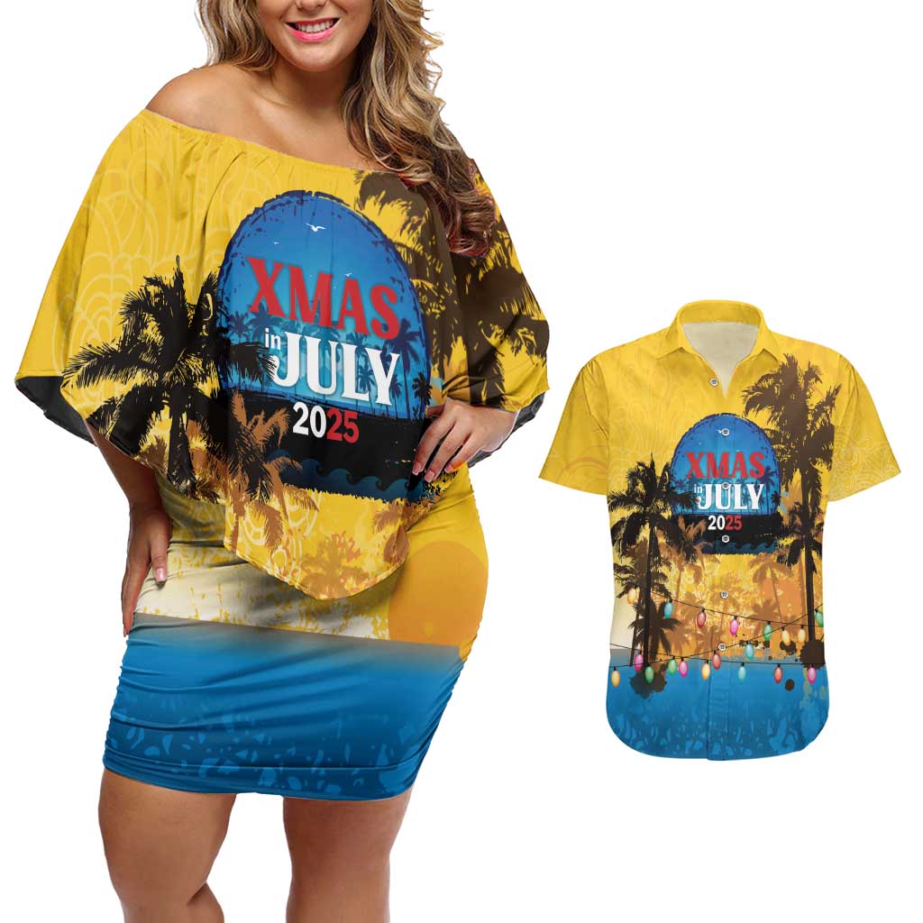 Personalized Xmas in July 2025 Couples Matching Off Shoulder Short Dress and Hawaiian Shirt Caribbean Summer Christmas - Wonder Print Shop