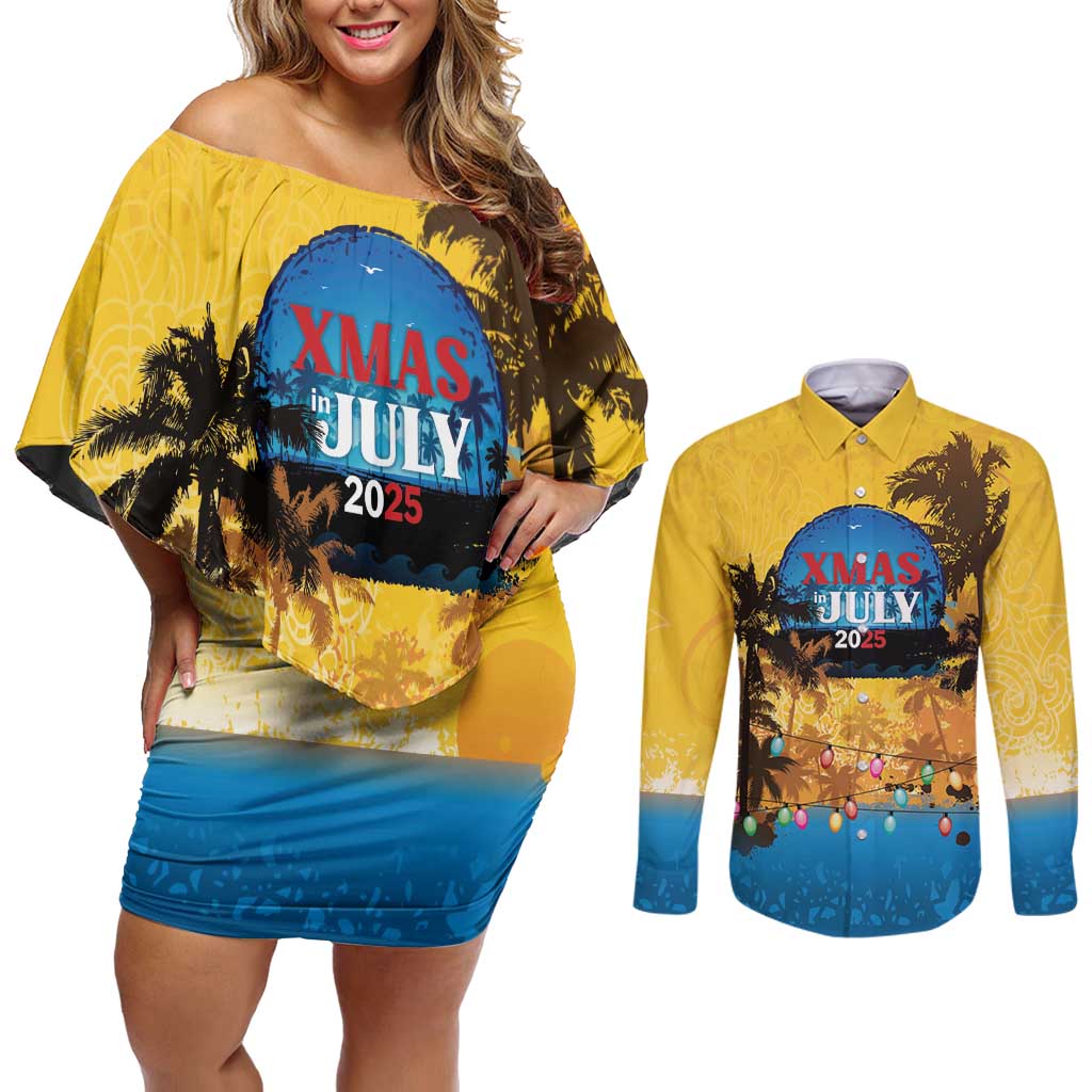 Personalized Xmas in July 2025 Couples Matching Off Shoulder Short Dress and Long Sleeve Button Shirt Caribbean Summer Christmas - Wonder Print Shop