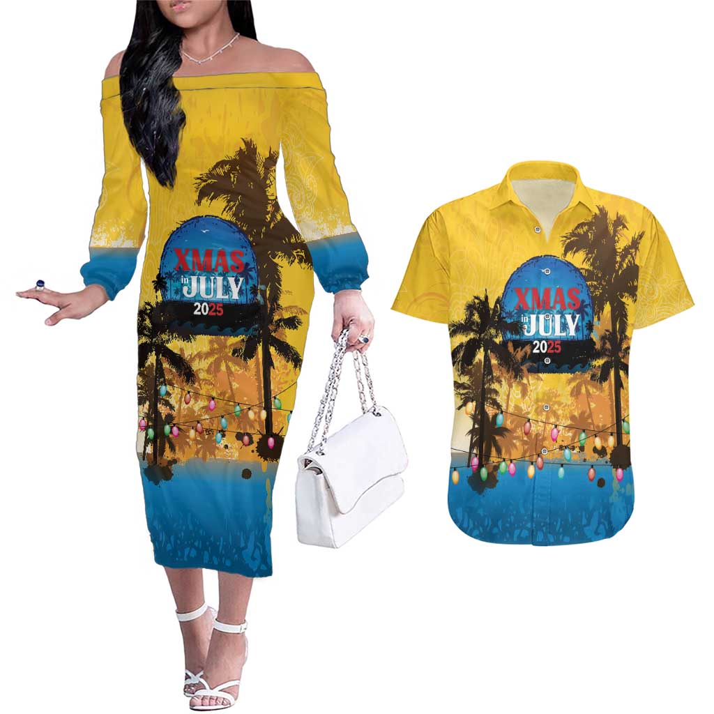 Personalized Xmas in July 2025 Couples Matching Off The Shoulder Long Sleeve Dress and Hawaiian Shirt Caribbean Summer Christmas - Wonder Print Shop