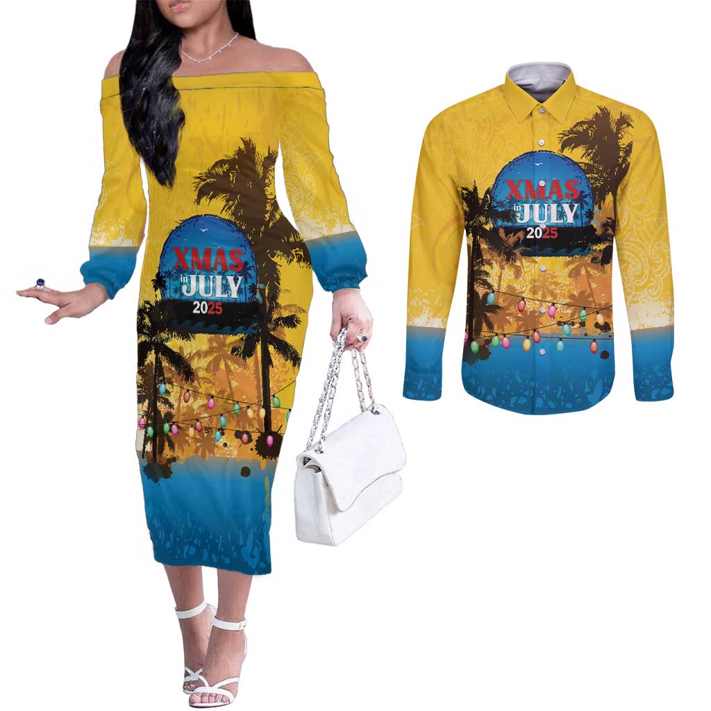 Personalized Xmas in July 2025 Couples Matching Off The Shoulder Long Sleeve Dress and Long Sleeve Button Shirt Caribbean Summer Christmas - Wonder Print Shop