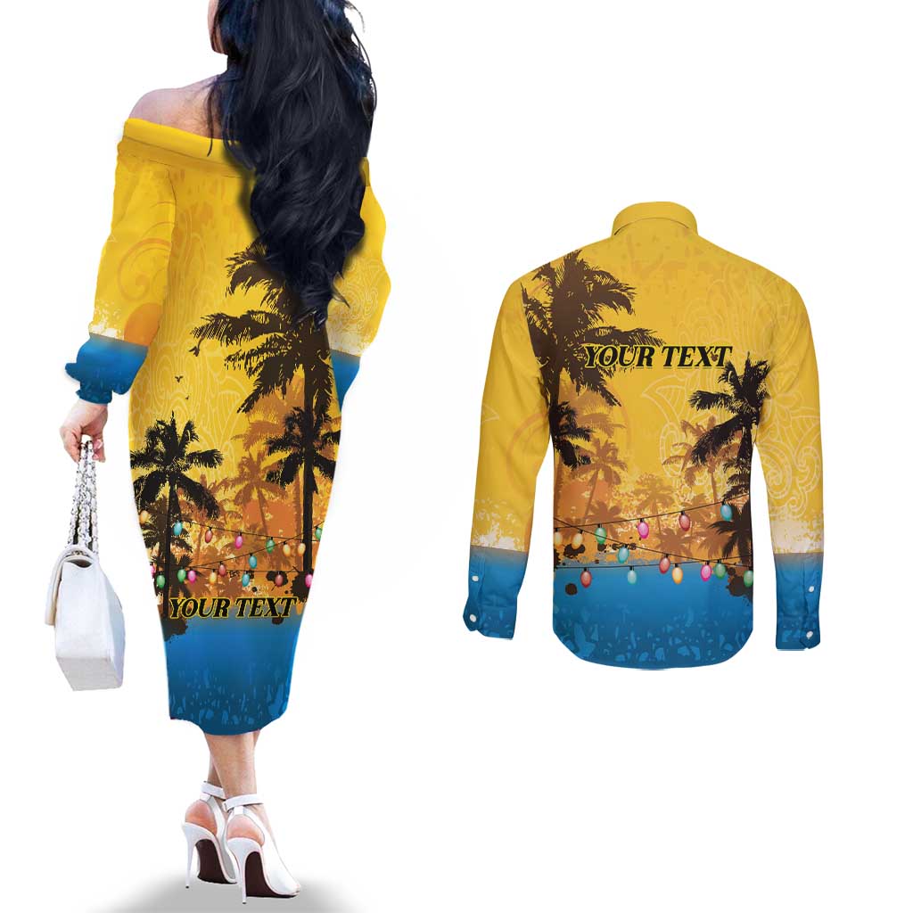 Personalized Xmas in July 2025 Couples Matching Off The Shoulder Long Sleeve Dress and Long Sleeve Button Shirt Caribbean Summer Christmas - Wonder Print Shop
