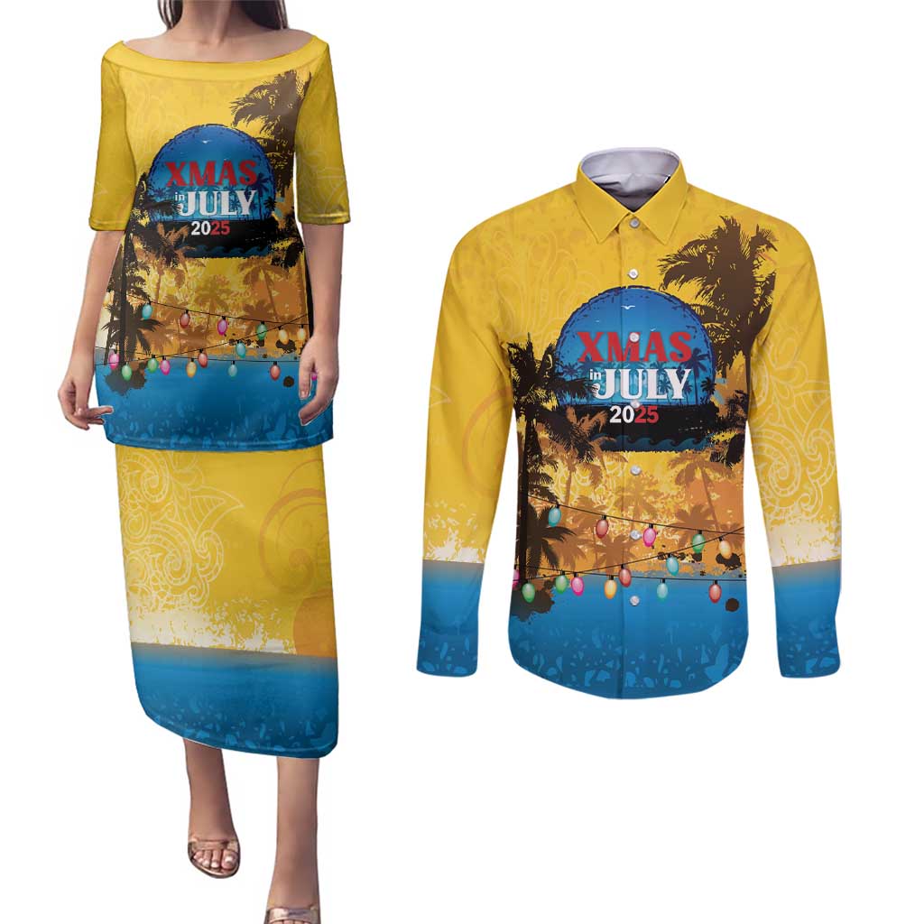 Personalized Xmas in July 2025 Couples Matching Puletasi and Long Sleeve Button Shirt Caribbean Summer Christmas - Wonder Print Shop