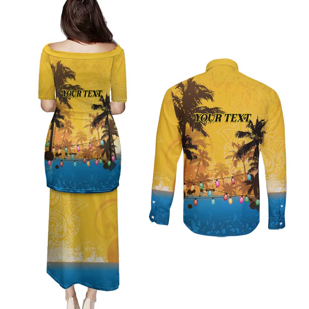 Personalized Xmas in July 2025 Couples Matching Puletasi and Long Sleeve Button Shirt Caribbean Summer Christmas - Wonder Print Shop