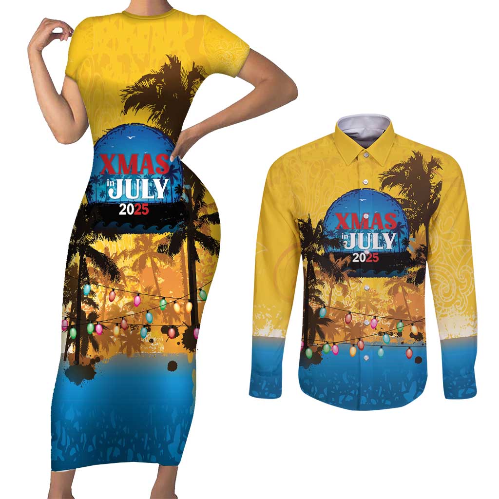 Personalized Xmas in July 2025 Couples Matching Short Sleeve Bodycon Dress and Long Sleeve Button Shirt Caribbean Summer Christmas - Wonder Print Shop